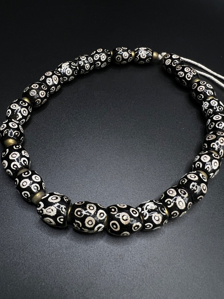Vintage Black Patterned Glass Bead Necklace | Artisan Glass Necklace