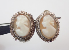 Antique GM Signed 800 Silver Carved Cameo Lady Link Bracelet & Earrings