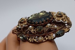Vtg Western Germany Necklace Smoky Art Glass Faux Pearl Rhinestone Ornate 24″
