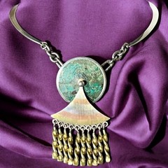 Kinetic Mexican Mid-Century Modernist Necklace Mixed Metals w/ Stone Inlay