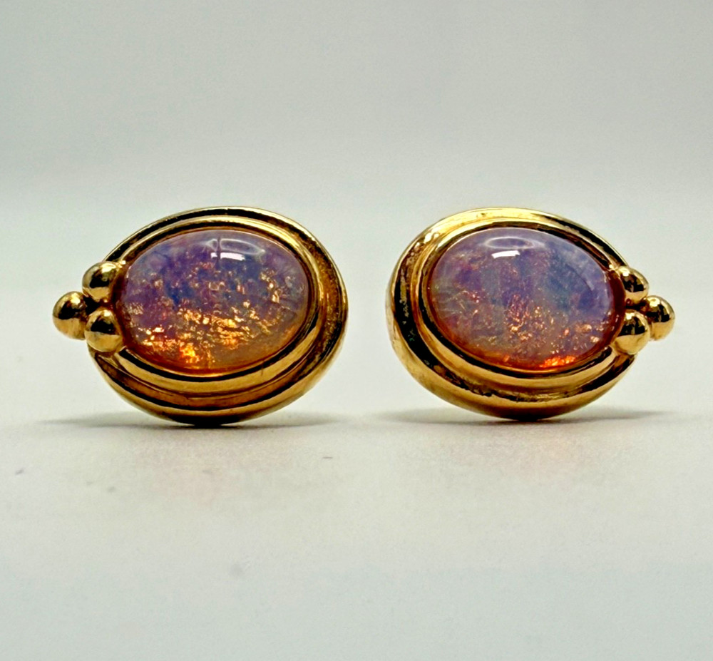 Vintage Opal Glass Cabochon Stud Earrings Gold Tone Oval Fire Glow