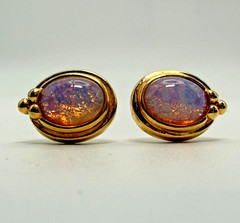 Vintage Opal Glass Cabochon Stud Earrings Gold Tone Oval Fire Glow