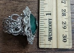 Vintage Silver Tone Costume Rhinestone Green Plastic Stone Ring Adjustable J33