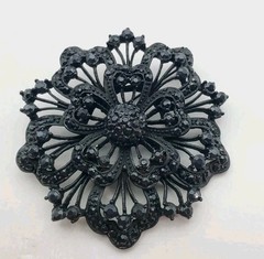 Vintage HUGE JET Black Japanned RHINESTONES Mourning BROOCH PIN FLOWER 2.5″