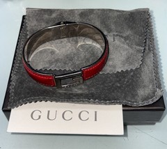 Rare GUCCI Bangle Vintage Red Leather G Logo Open Cuff Bracelet Adjustable