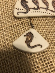 Vintage handmade fossilized looking seahorse pierced earrings and brooch