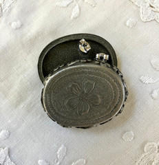 Vintage Pewter Trinket Box ‘Peace’ with Earrings and Brooch Tiny 1 inch