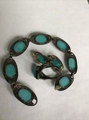 Art Deco Egyptian Revival Matching Scarab Beetle Bracelet/Sterling Ring/Earrings