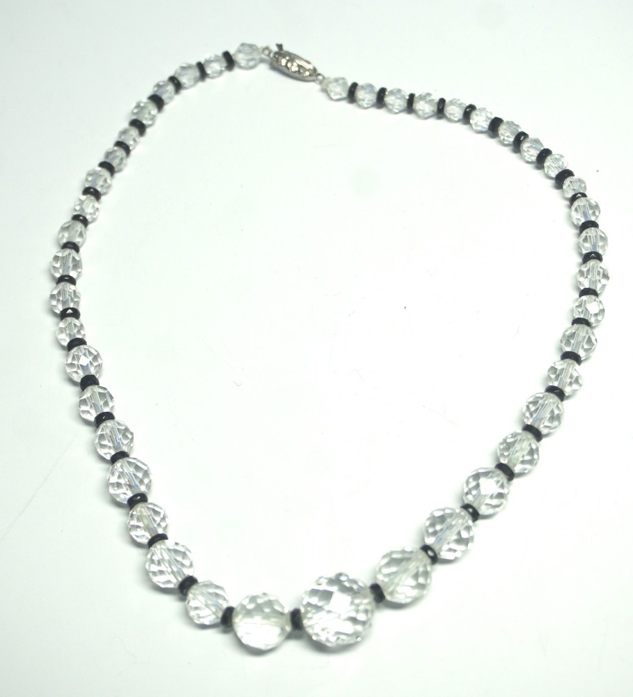 VTG Disco Ball Faceted Crystal Bead Necklace w/Black Spacers & Rhinestone Clasp