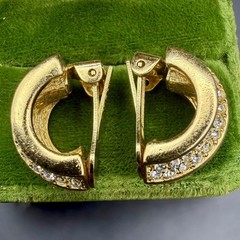 Vintage Christian Dior Pavé Rhinestone Gold Plated Half Hoop Clip Earrings