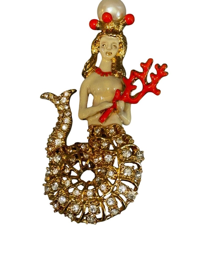 Hutton Wilkinson Mermaid Brooch Swarovski Crystal Red Coral Crown 3″ 1990s Signe