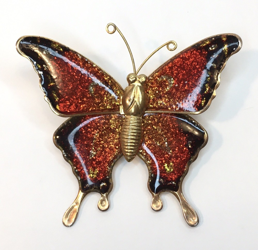 Vintage Gold Tone Sparkle Orange Red Black Butterfly Insect Brooch Pin Pendant