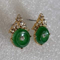 Vintage Gold Tone Costume Faux Jade Stone Button Pierced Plastic Earrings .5”