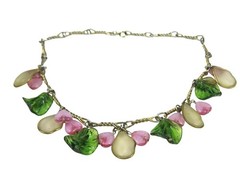 Vintage Gold Tone Fruit Salad Charm Necklace Plastic Charms 15in Boho Heart Leaf