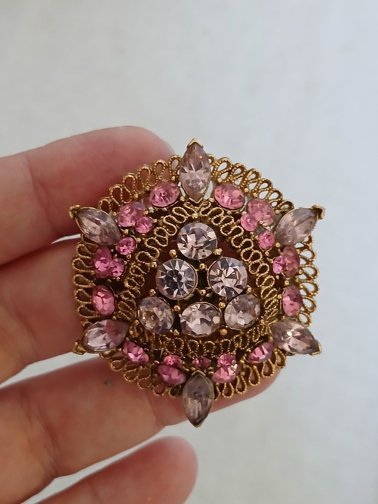 Vintage Lisner Pink Lavender Rhinestone Brooch Signed