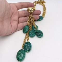 Vintage Celebrity NY Necklace Jade Green Color Lucite Gold Tone Textured Links