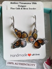Amber Butterfly Genuine Baltic Earrings Vintage Butterscotch Sterling Silver
