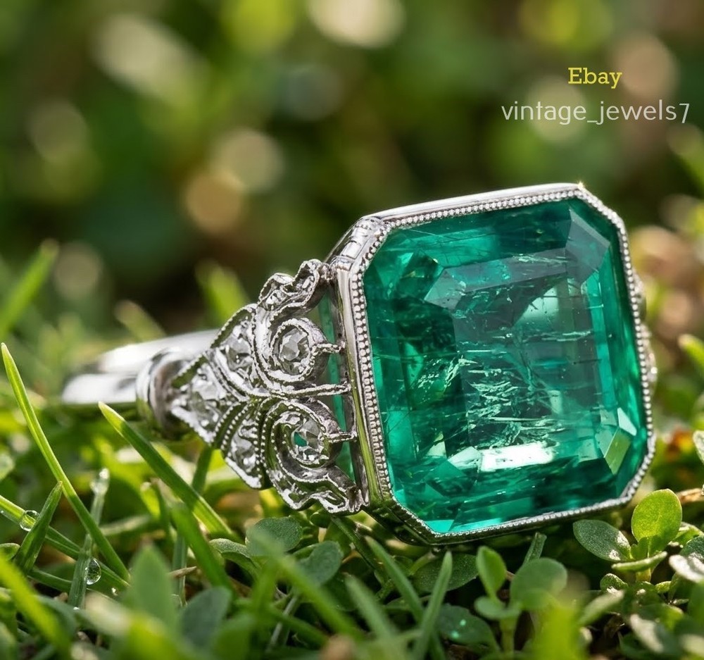 Real Green Emerald 4CT Asscher Cut Vintage Wedding Ring 14K White Gold Finish