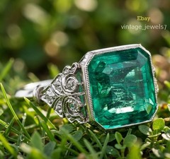 Real Green Emerald 4CT Asscher Cut Vintage Wedding Ring 14K White Gold Finish
