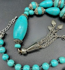 CHINESE TURQUOISE Necklace 70s Tassel Y-Drop 18” Silver Plated Statement #1 EUC
