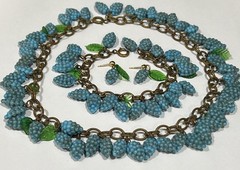 Vintage Grapes & Leaves Glass Neckace Bracelet Earrings In 14k B-on Brass Chain