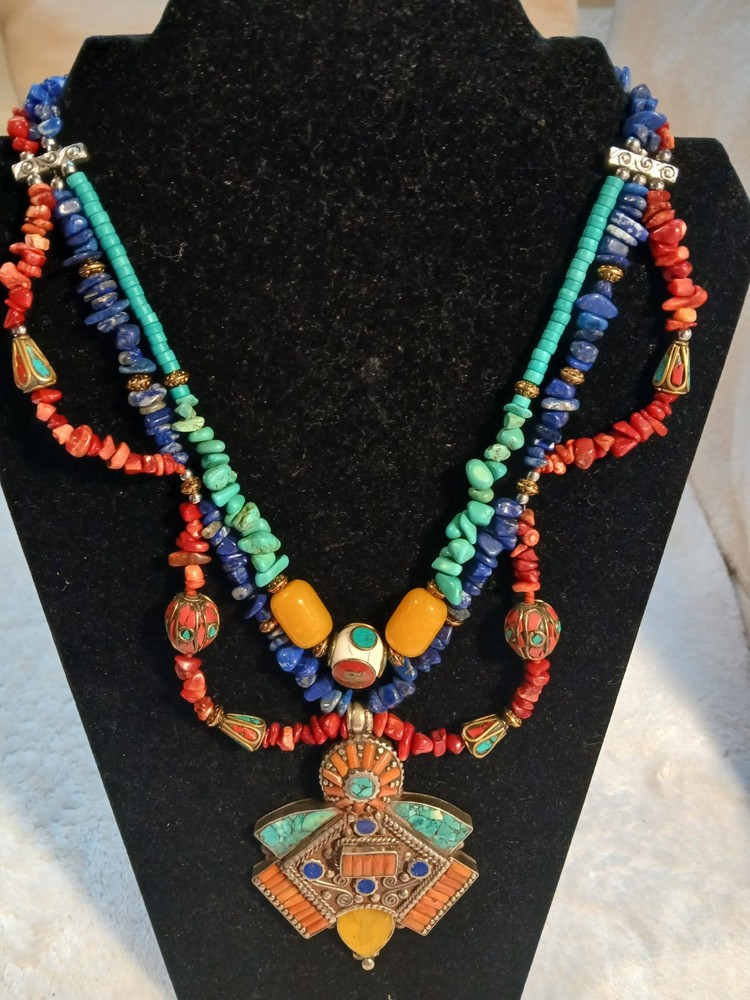 Vtg One-of-a-kind Coral Lapis Turquoise Tibetan Handmade Huge Necklace Pendant