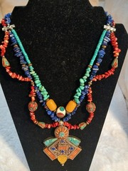 Vtg One-of-a-kind Coral Lapis Turquoise Tibetan Handmade Huge Necklace Pendant