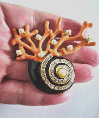 Kenneth J. Lane Signed KJL Coral Black Enamel Brooch Nautilus Shell Faux Pearl