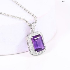 Natural Amethyst 925 Sterling Silver Pendant Emerald Cut Halo Purple Jewelry