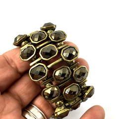 Stretchable Slipada Brass Bracelet With Large Brown Glass Beads Brutalist