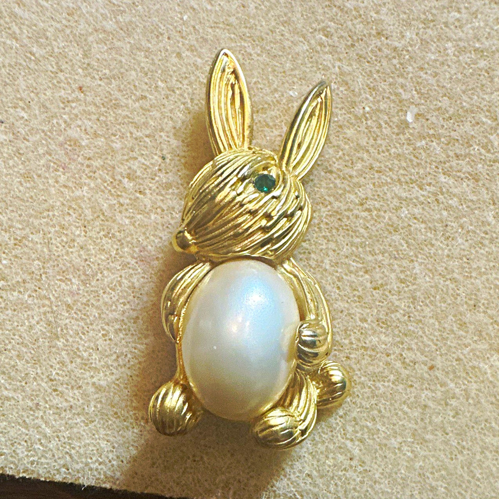 Vintage OEO by Oleg Cassini Rabbit Brooch • Pearl Body • Green Rhinestone Eye