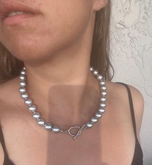 Minimalist Light Grey Glass Pearl Choker Stainless Toggle