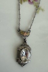 Antique 1920s White Co. Lavaliere Pendant Necklace Clear Crystal Silver/Gold ton