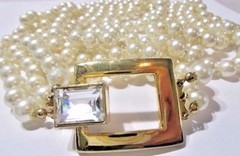 MULTI-STRAND DESIGNER STYLE LONG SIMULATED PEARL FANCY CLASP W CRYSTAL BUCKLE