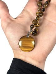 Vintage TIGERS EYE Stone Round Bead Dangle Disk Pendant Necklace Spacer Beads
