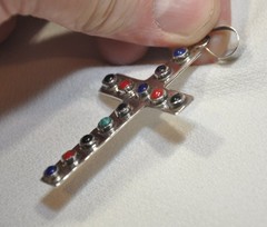Vintage Artisan Coral Lapis Onyx Sterling Silver .925 Cross Pendant – 9.6 grams