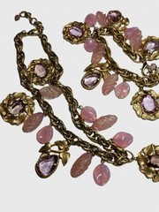 Vintage 1950s Pink Purple Lucite Leaf Charm Choker 16″ Necklace & Bracelet Set