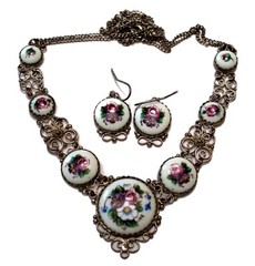 Vintage Unique Russian Enamel Hand Painted Jewelry Set Earrings & Necklace #29a
