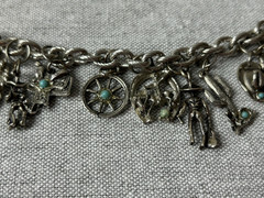 Vintage Cowboy Western Theme Charm Bracelet Silver Tone with Blue Stones