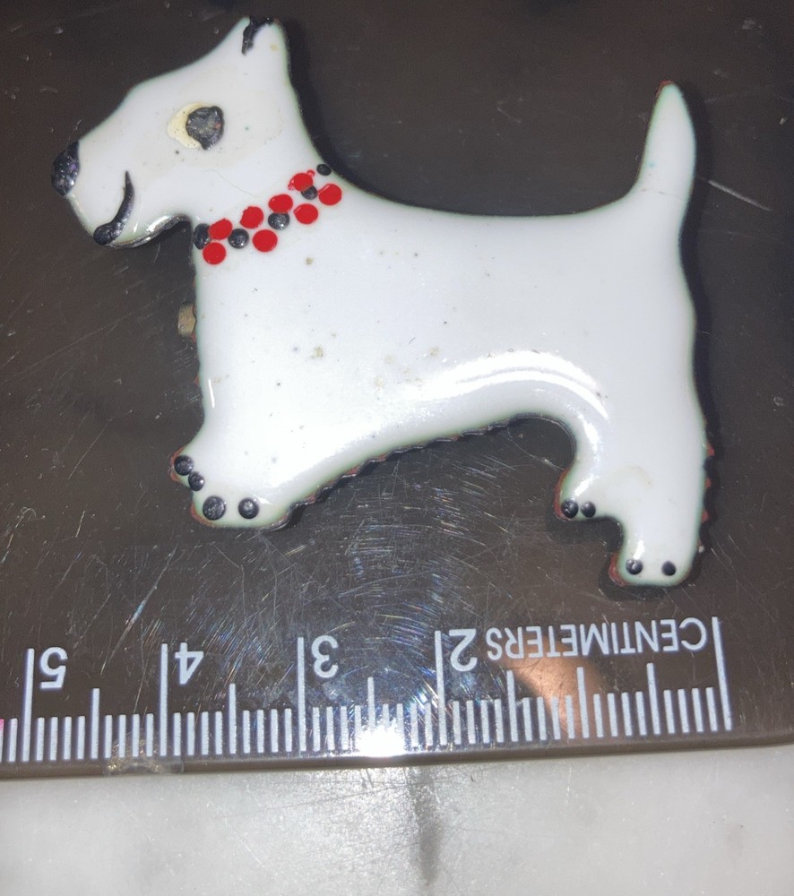 Vintage white enamel Scotty dog Red collar Westy Art Deco vintage pin.