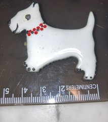 Vintage white enamel Scotty dog Red collar Westy Art Deco vintage pin.