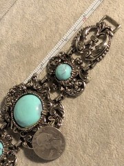Wide Vintage Faux Turquoise Filigree Bracelet! 2.25in Wide In Front!