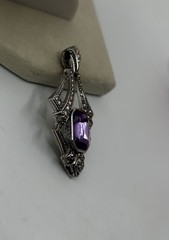 Vtg Avon 1994 Art Deco Faux Amethyst Marcasite Pendant SilverTone