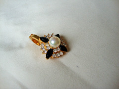 Vintage Fashion Jewelry Faux Pearl Black Marquise & Clear Rhinestone Pendant