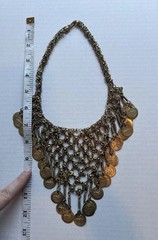 Vintage Boho Gold Tone Chainmail Coin Bib Choker Statement Necklace 18” H3