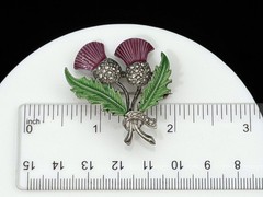 Vintage Scottish Thistle Pot Metal Enamel & Marcasite Flower Brooch Pin