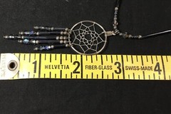 Iridescent indigo dream catcher necklace, artisan, vintage dark glass beads 20″