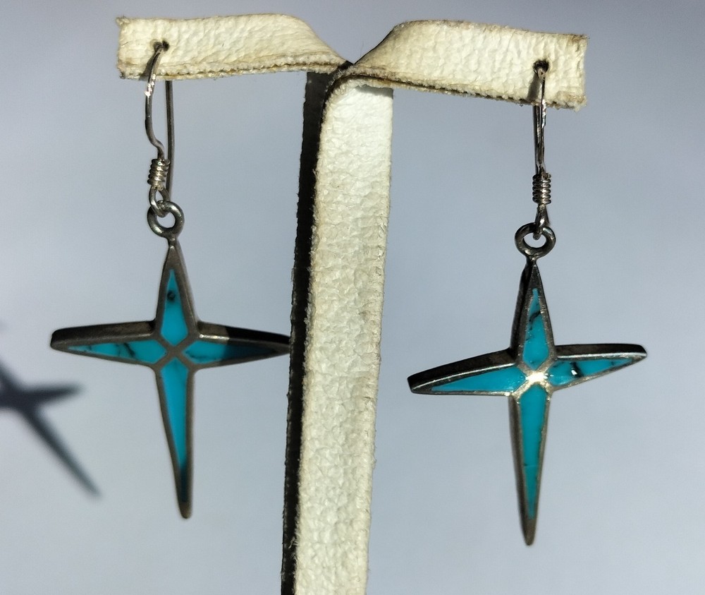 Vintage Handmade Hook Dangle Silver Earrings, Turquoise Inlay, Star Shape 45 mm