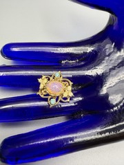 Coro Pin Faux Pink Fire Opal Aqua Rhinestone Gold Plated Mid century Vintage .9”