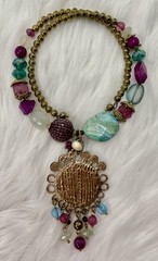 Vintage Statement Jewelry Set Gold Tone Purple Teal Beaded Necklace Earrings